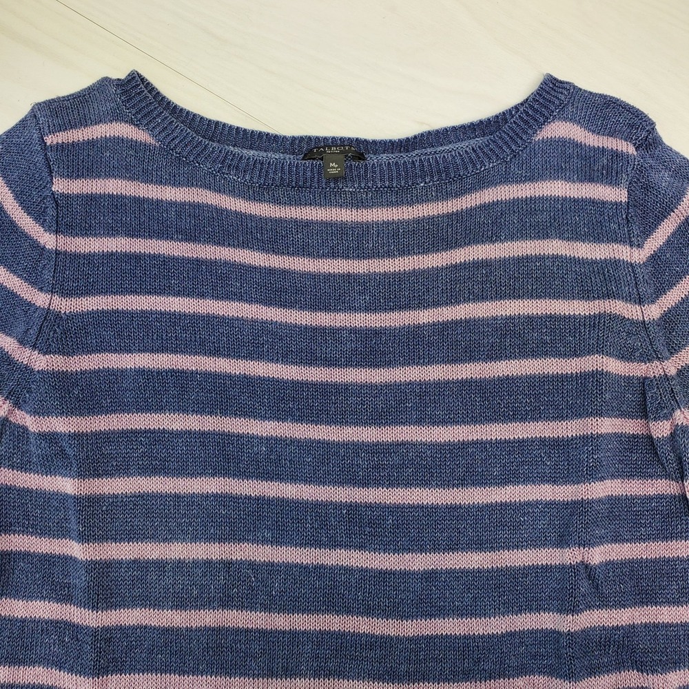 Talbots Petites Blue Pink Striped 100% Linen Boat Neck Sweater Womens MP Coastal